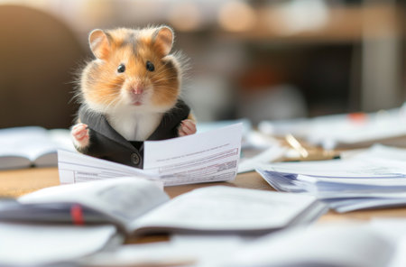 Hamster in office suit with papersの素材