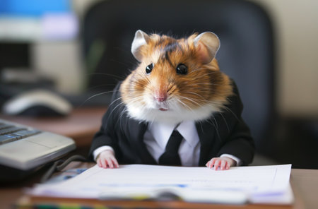 Hamster in office suit at deskの素材