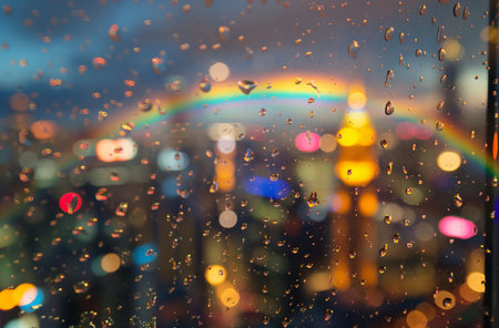 City view through wet window with rainbowの素材