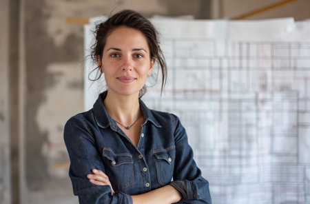 Confident female architect with blueprintの素材