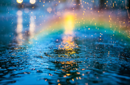 Night city street with rainbow reflectionsの素材