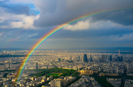 Rainbow over a cityscape at sunsetの素材