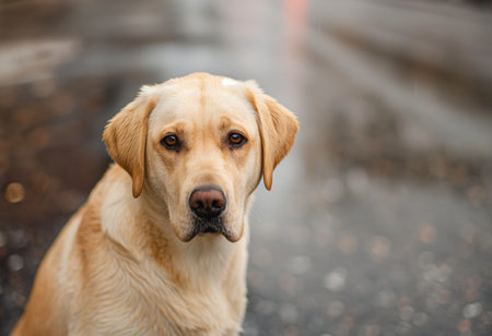 Labrador dog on rainy streetの素材