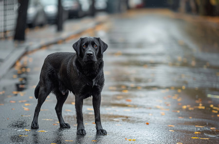 Labrador dog standing alone in rainの素材