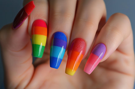 Colorful rainbow nails close-upの素材