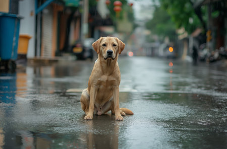 Labrador dog alone on rainy streetの素材