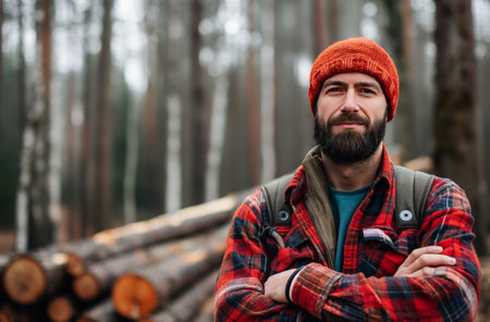 Lumberjack standing in forestの素材