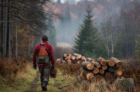 Lumberjack walking through forest with logsの素材