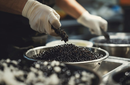 Hand handling black caviarの素材