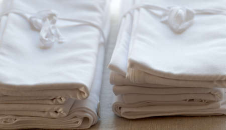a pile of clean linen towelsの写真素材