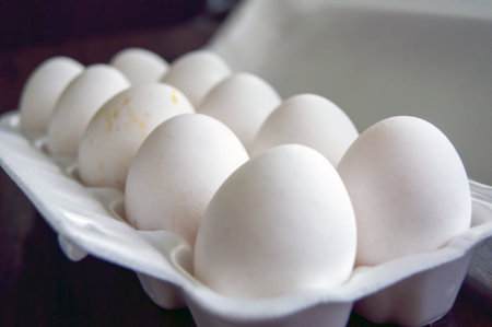 Open pack with raw white chicken eggs