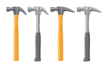 Illustration of four claw hammers. The first two are standard curved claw hammers, one has a wooden handle and the other has a metal handle. The second two are framing hammers, one has a wooden handle and the other has a metal handle.のイラスト素材