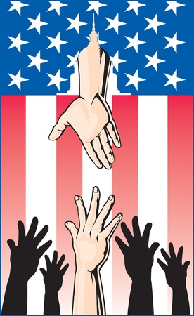 Illustration of several hands reaching up for help while another hand is reaching down through an American Flag to offer help from the United States Government.のイラスト素材