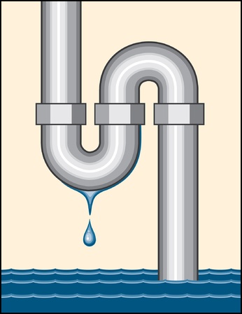 Illustration of a leaking pipe dripping and filling a room with water.のイラスト素材