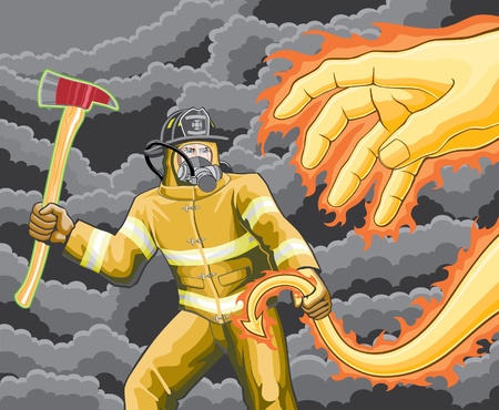 Firefighter Fights Fire Demon is an illustration of a firefighter fighting a demon made of fire.のイラスト素材