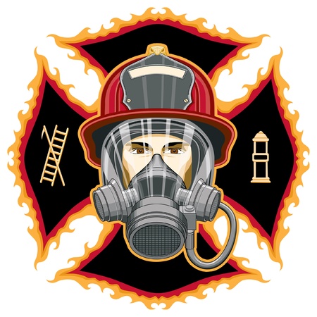 Firefighter with Mask and Axes is an illustration of the head of a firefighter with a helmet and mask in front of a cross.のイラスト素材