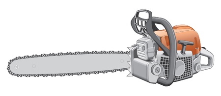 Chainsaw is an illustration of a heavy duty chainsaw used to cut and trim trees and firewood.のイラスト素材
