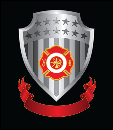 Firefighter Cross Shield is an Illustration of a fire department or firefighters  Maltese cross symbol with firefighter logo on a silver shield with ribbon.のイラスト素材