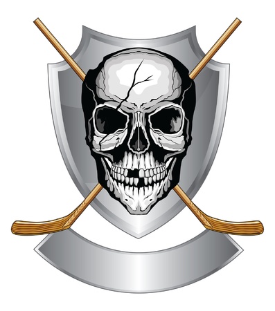 Hockey Skull With Sticks is an illustration of a human skull with broken teeth and cracked cranium with two crossed ice hockey sticks on a shield with banner のイラスト素材