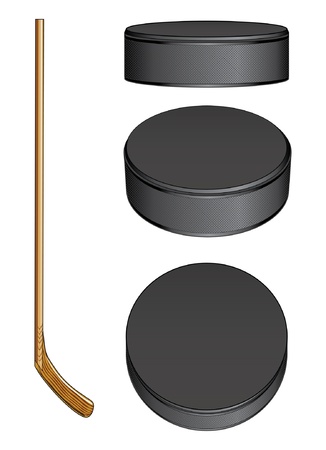 Ice Hockey Stick and Pucks is an illustration of a hockey stick and three views of a hockey puck のイラスト素材