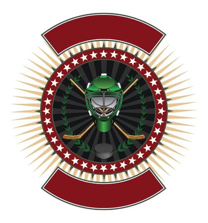 Hockey Design Template Banner is an illustration of a hockey design template with helmet, sticks, puck, stars and banners for your text のイラスト素材