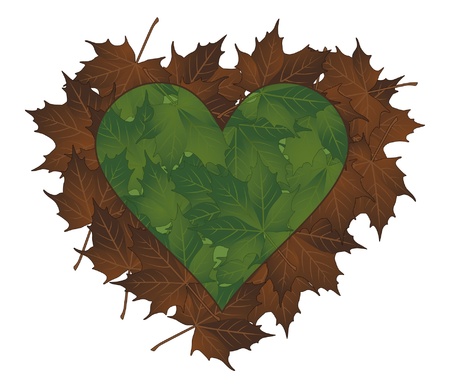 Spring Love is an illustration of the a heart shape in green leaves above a background of brown fall or winter leaves  Representing the love of springtime のイラスト素材