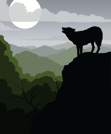 Wolf Howling is an illustration of a wolf howling at the moon with a background of rolling mountains のイラスト素材