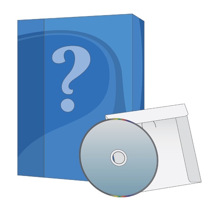 Software Box and CD is an illustration of a software box and a CD  Box has a question mark symbol to reflect the unknown contents のイラスト素材