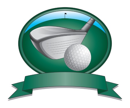 Golf Club and Ball Design is an illustration of a golf club and golf ball with a green background with flag and blue sky  Also has a banner for your text のイラスト素材