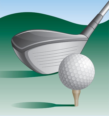Golf Club and Ball is an illustration of a golf club and golf ball on a tee with a green background and blue sky のイラスト素材
