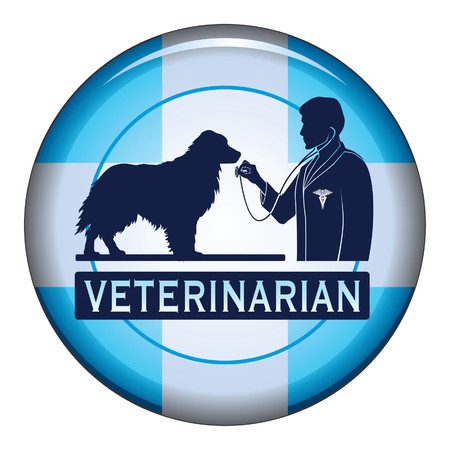 Veterinarian With Dog Button is an illustration of a design for a vet or veterinarian on a button. Includes images of a dog, a veterinarian with stethoscope and a veterinarian symbol.のイラスト素材