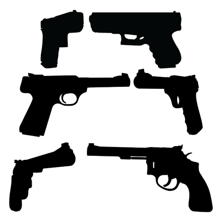 Gun Silhouettes is an illustration of three types of guns in both a side view and three quarter view in silhouette style.のイラスト素材