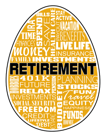 Retirement - Nest Egg is an illustration of an egg shape containing retirement related text sitting on a nest shaped silhouette. Represents retirement planning, problems and rewards.のイラスト素材