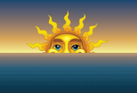 Sunrise or Sunset is an illustration of the sun rising or setting from behind the waves of the sea or ocean.のイラスト素材
