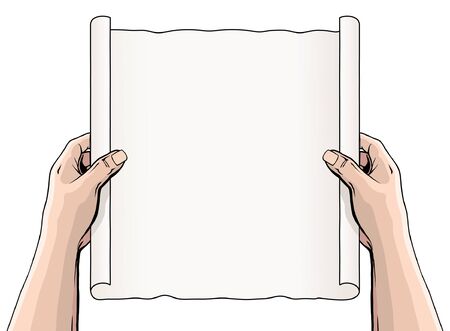 Hands Unrolling a Document or Scroll is an illustration of someone holding an unrolled scroll or document. The scroll is blank so that you can add your own text or message.のイラスト素材