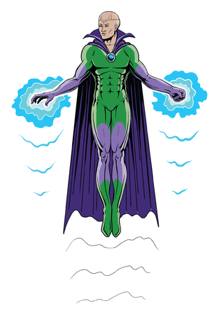 Super Hero Flying in Full Color is an illustration of a super hero in cape and costume flying by means of power emanating from his hand and fist. Done in a comic book style with a two color costume and bright blue powers.のイラスト素材