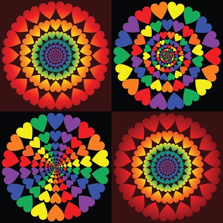 Hearts Love Rainbows is an illustration of heart shapes in circular patterns in several different rainbow colored versions. Represents love and diversity. Great for Valentines Day designs.のイラスト素材