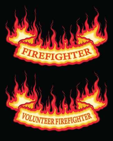 Firefighter Fire Flame Banner Bottom Arch Scroll is an illustration of a bottom arch flaming scroll banner with firefighter and volunteer firefighter text. Great promotional graphic for fireman and fire stations. The vector format is easy to edit and separate.のイラスト素材