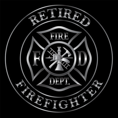 Retired Firefighter Silver Emblem is a design illustration that includes a classic silver fire department Maltese cross and text in a circle that says Retired Firefighter. Great promotional graphic.のイラスト素材