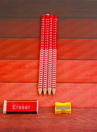 a display of pencils and sharpenerの写真素材