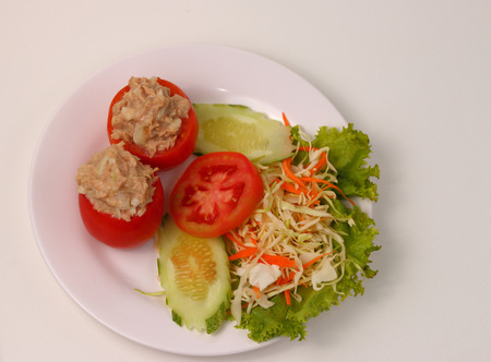 tuna salad dish set on a white backgroundの写真素材