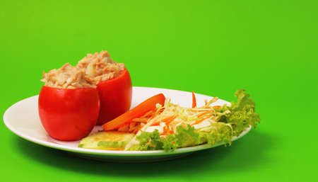 tuna salad dish with a green backgroundの写真素材