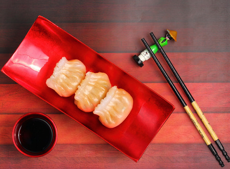 Vietnam style steamed shrimp dumplings served on a wood table topの写真素材
