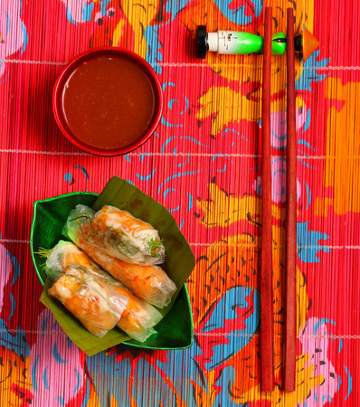 Vietnamese wafer thin spring rolls on a place matの写真素材