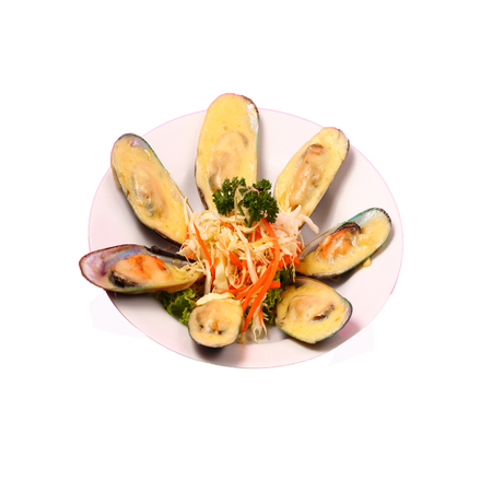 Isolated new Zealand mussels in cheese sauceの写真素材
