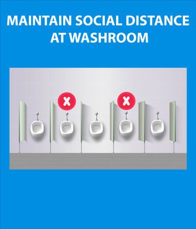 poster of maintain social distance at washroom for office and workplace. Signs of  virus precaution to protect people from virus.の写真素材