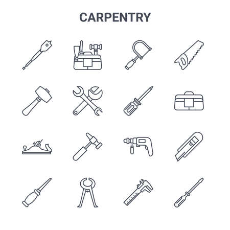 set of 16 carpentry concept vector line icons.のイラスト素材