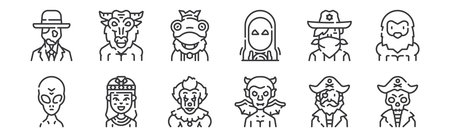 set of 12 linear fantastic characters icons. thin outline.のイラスト素材
