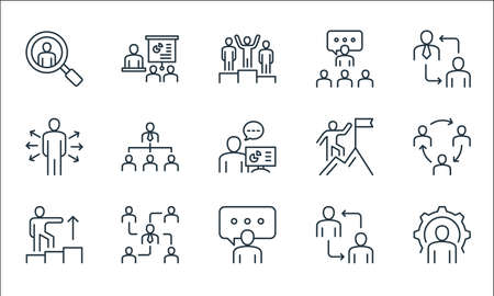 leadership line icons. linear set. quality vector line set such as support, speech, leadership, relationship, organization, leadership, climbing, briefing, presentationのイラスト素材
