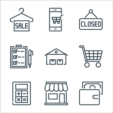 ecommerce line icons. linear set. quality vector line set such as wallet, shopping store, mathematics tool, shopping cart, warehouses, checklist, label, mobile shoppingのイラスト素材